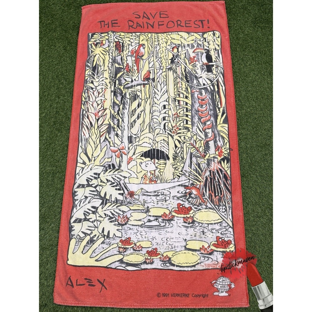 Vintage Save The Forest Beach Towel Cartoon Alex 1991 SOS World 90s Rare
